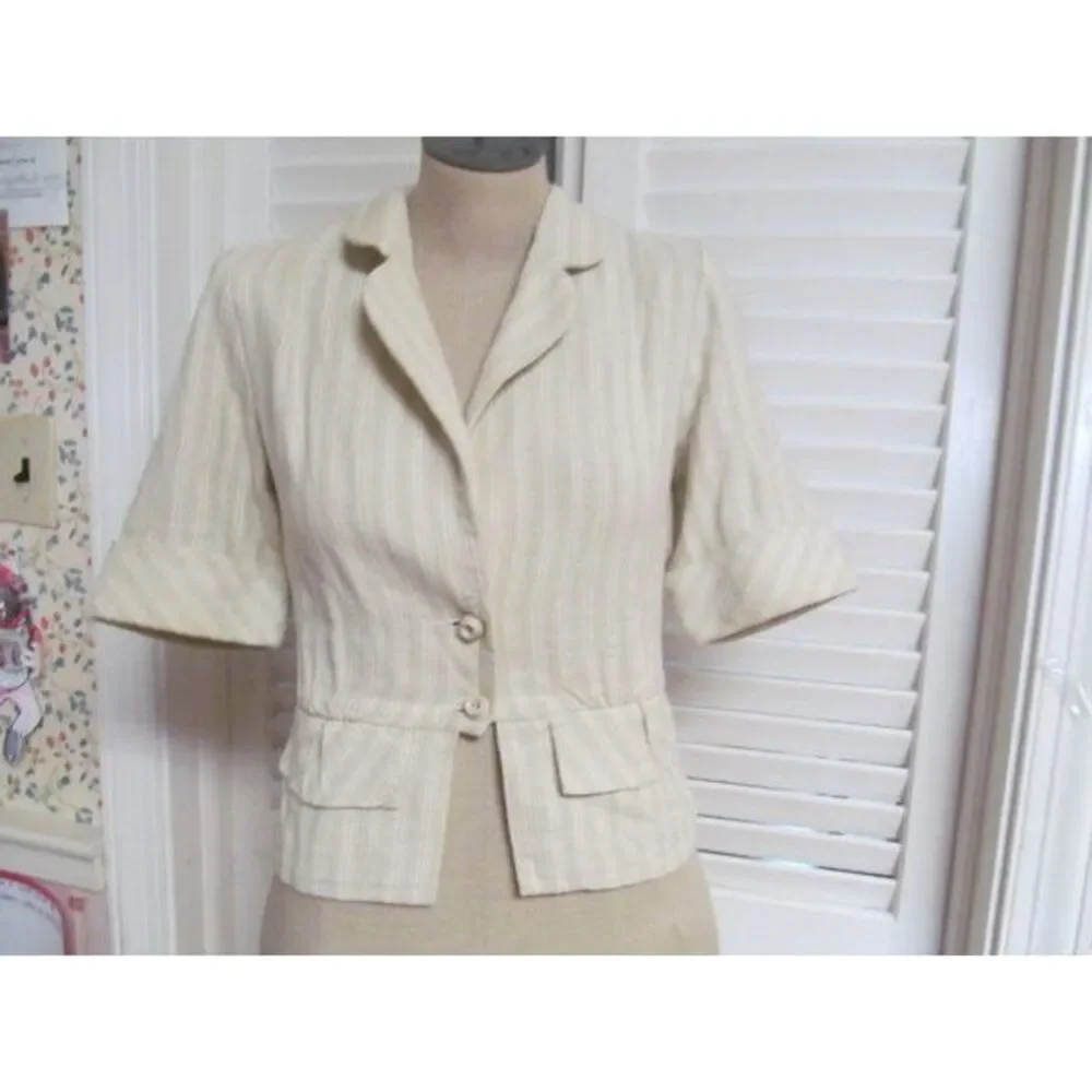 LUX Anthropologie Cream Elbow Sleeve Peplum Drop Waist Jacket S Small 4 Summer - Picture 1 of 1